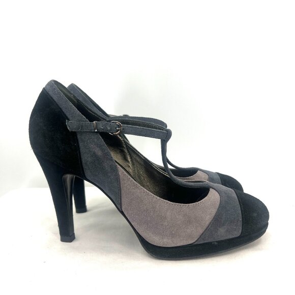 Boden Shoes - Boden Suede Black Gray T-Strap Heeled Pumps Women's Size 39 US 8